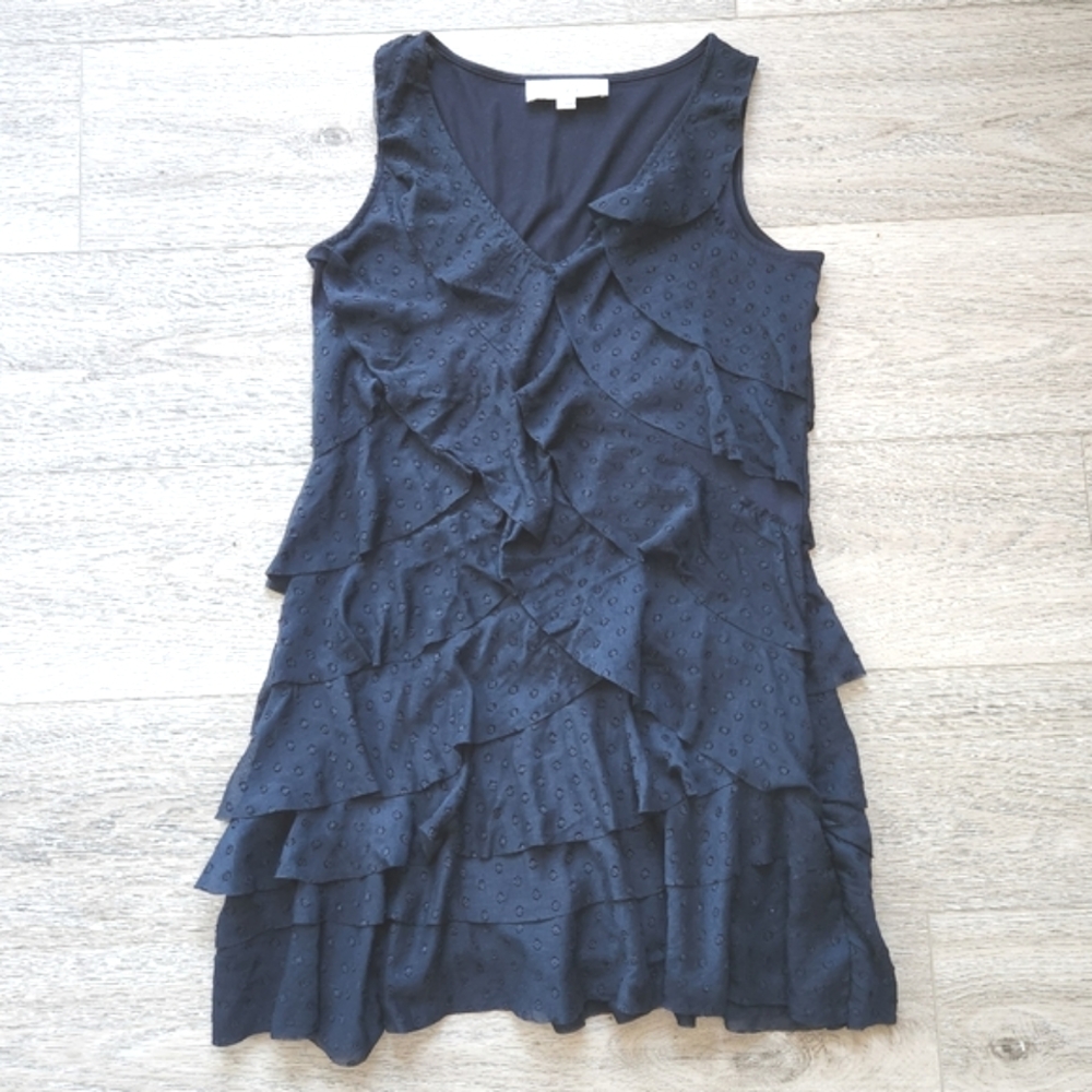 Loft Navy Blue Dress Womens 0 Eyelet Tiered Layered Ruffle Sleeveless Boho